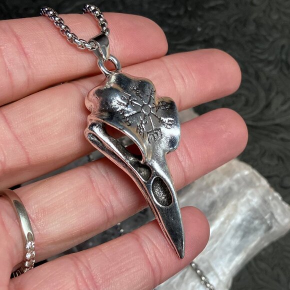 Viking Noridc Raven Skull With Vegvisir Compass Necklace Pendant - Picture 7 of 8